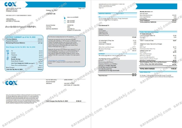 USA COX utility bill template in Word and PDF format